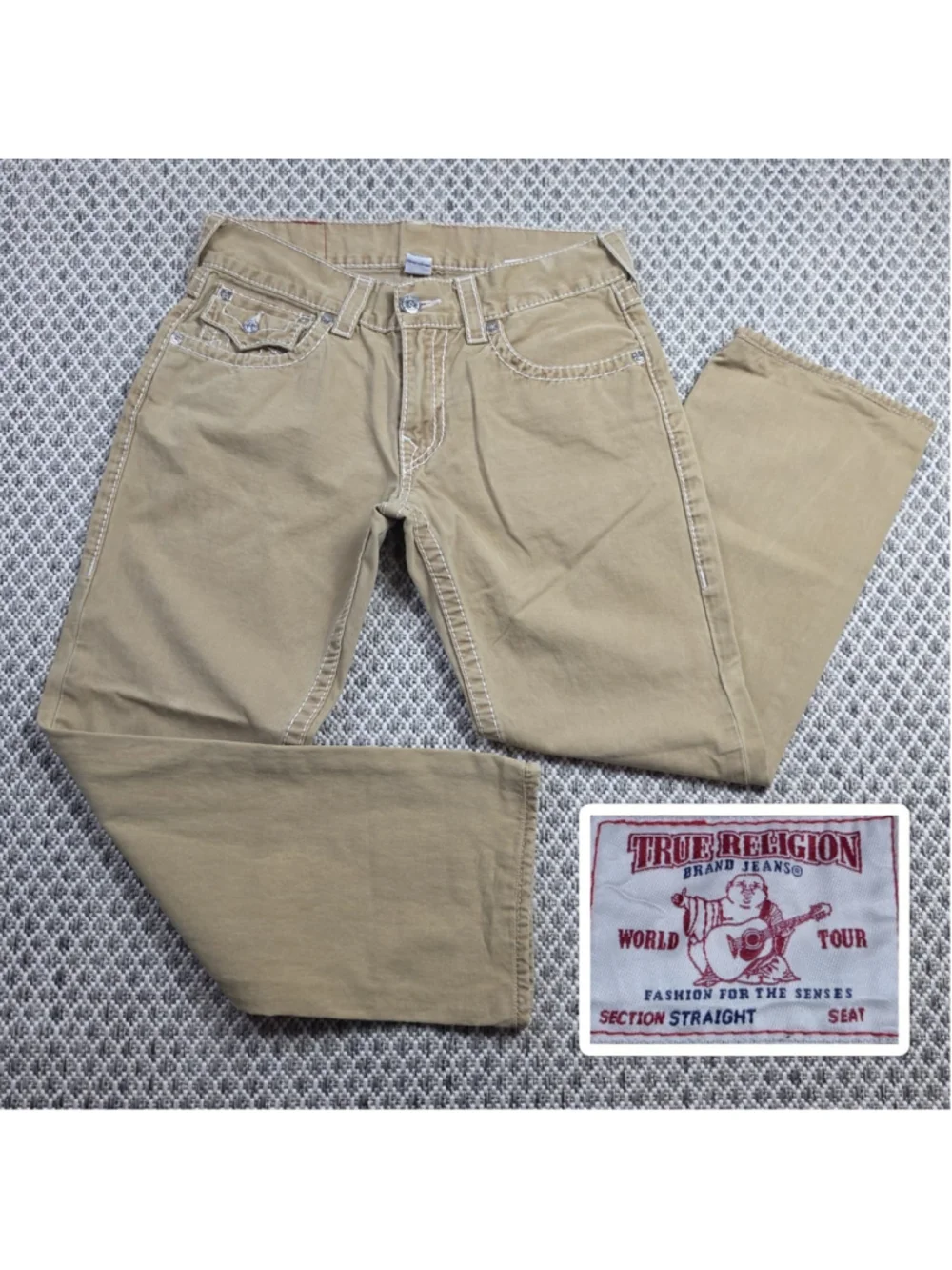 True Religion World Tour Natural Big T Straight Flap Jeans Men’s 31 Khaki Y2K